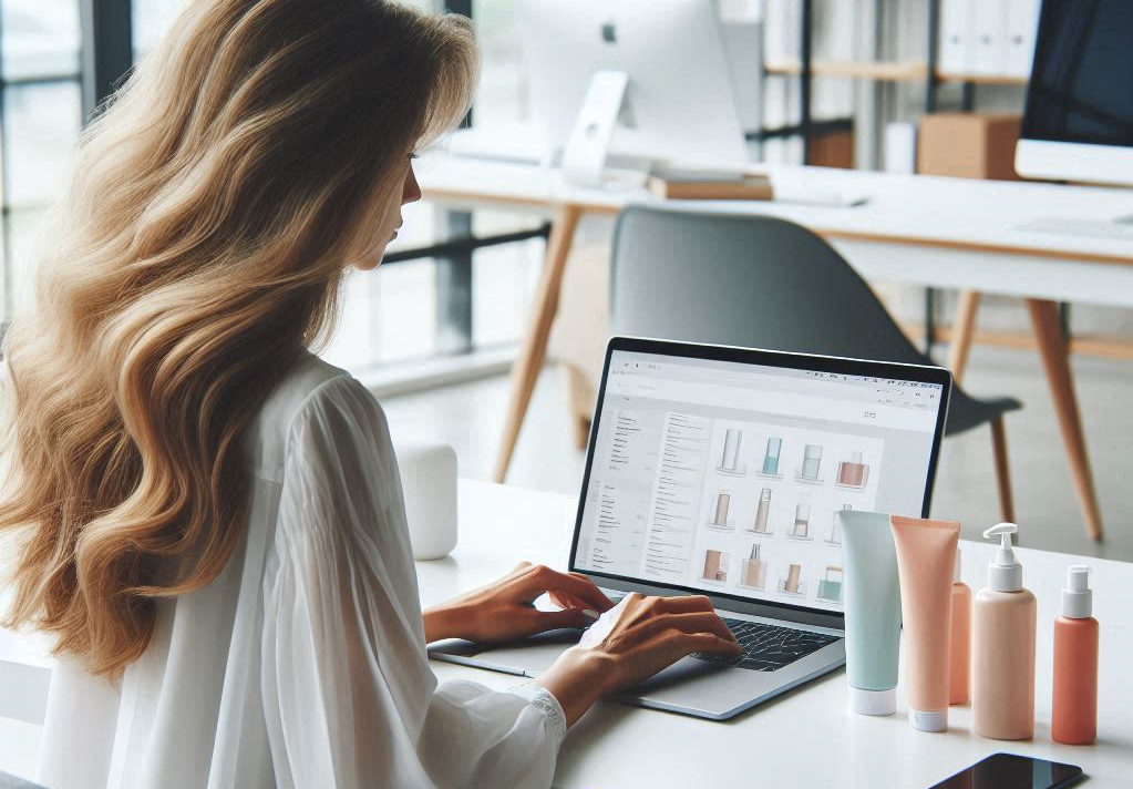 A woman doing an online CPNP and SCPN notification for cosmetic products