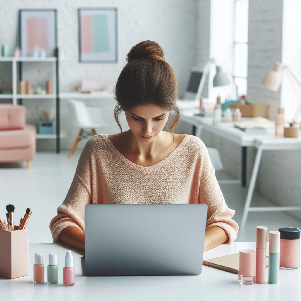 Woman making cosmetic product information file (pif)